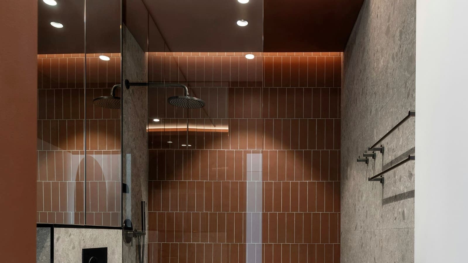 Douche à l'italienne fermée par une paroi vitrée, ciel de pluie encastré et faïence terre cuite